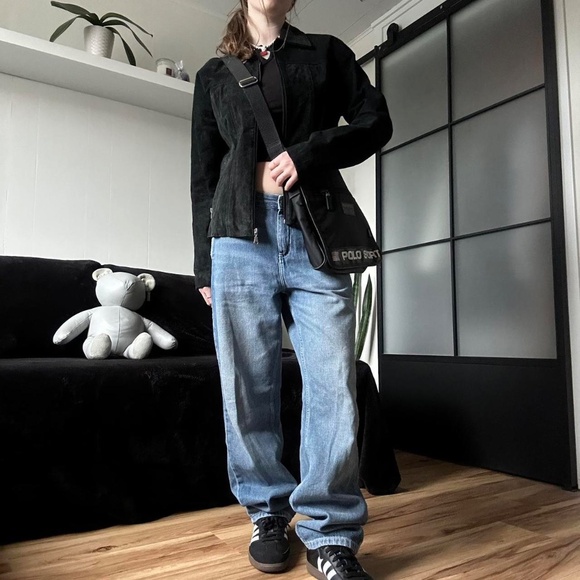 2000s Atmosphere Black Suede Leather Biker Jacket - Picture 1 of 8